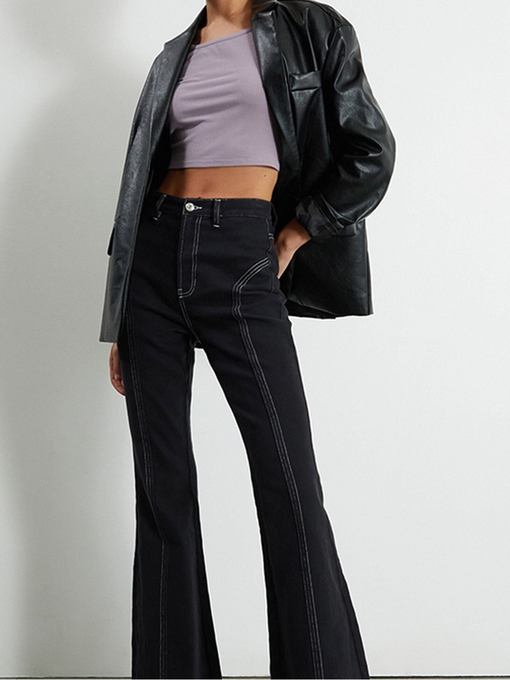 PacSun High-Waist Black Flared Cropped Jeans Black White Contrast Stitching 28”